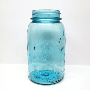 Antique Ball Mason Jar 1910-1923 Light Teal Blue Quart Seam Bubbles Dropped A